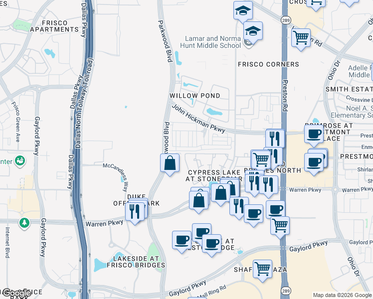 map of restaurants, bars, coffee shops, grocery stores, and more near 4152 Kearsage Drive in Frisco