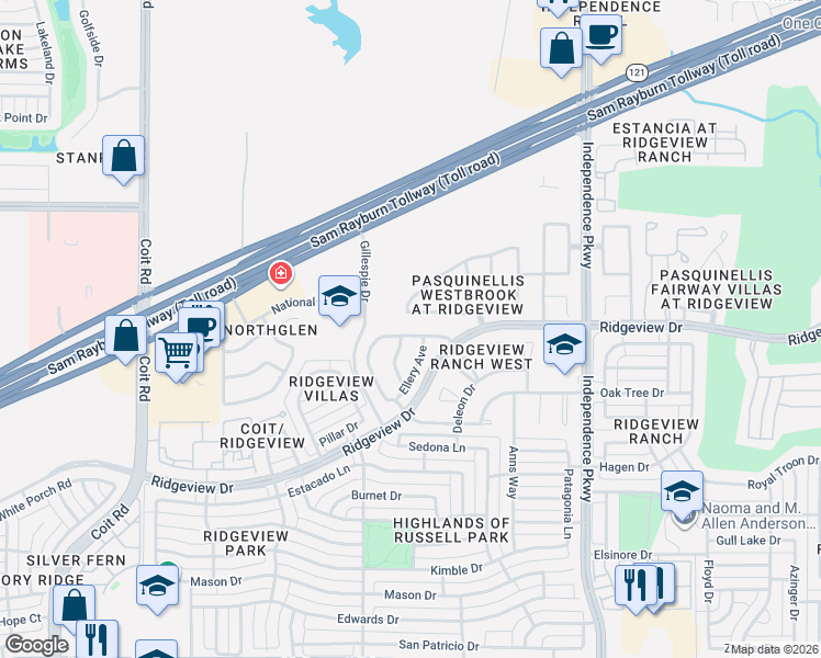 map of restaurants, bars, coffee shops, grocery stores, and more near 3264 Tarrant Lane in Plano