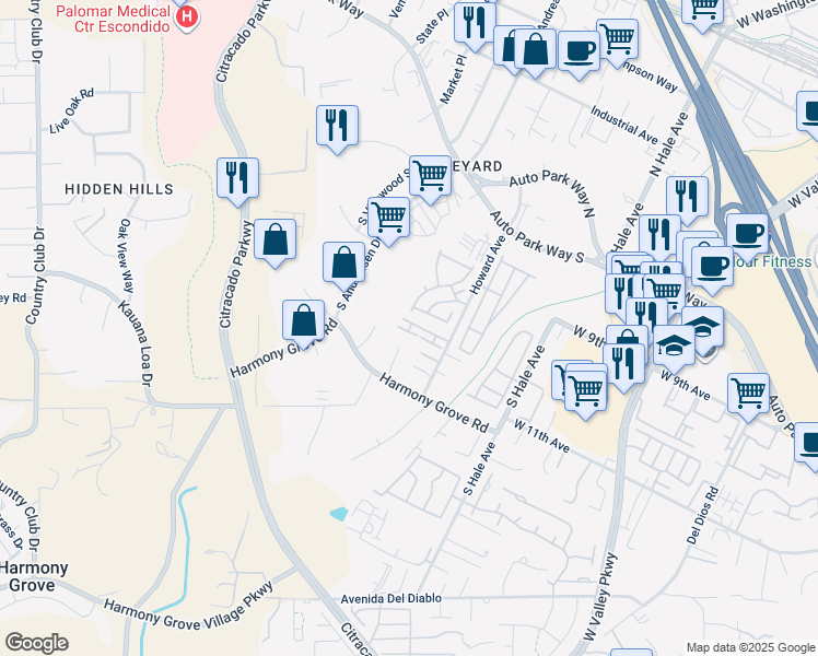 map of restaurants, bars, coffee shops, grocery stores, and more near 1007 Howard Avenue in Escondido
