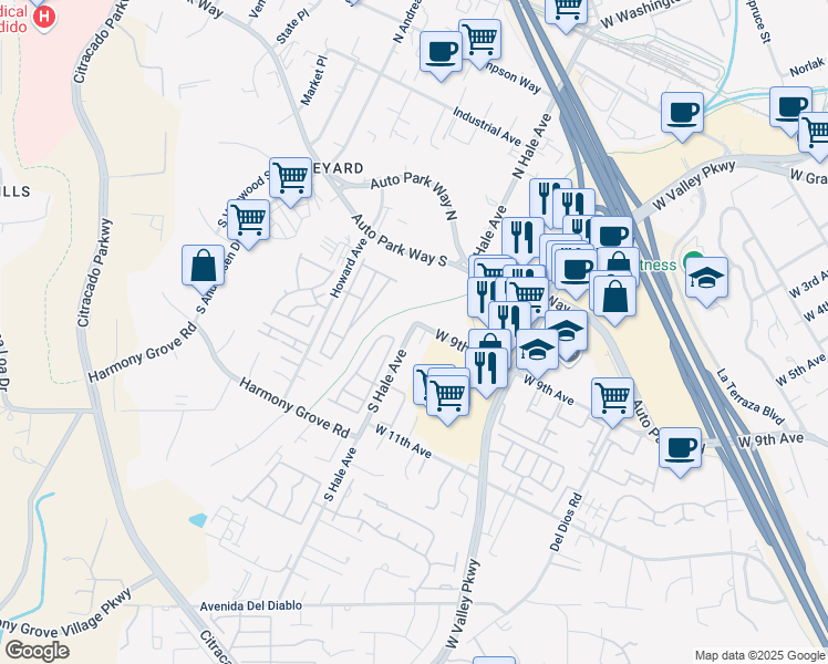 map of restaurants, bars, coffee shops, grocery stores, and more near 904 South Hale Avenue in Escondido