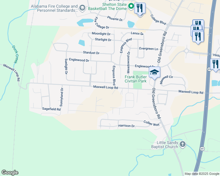map of restaurants, bars, coffee shops, grocery stores, and more near 2301 Maxwell Loop Road in Tuscaloosa