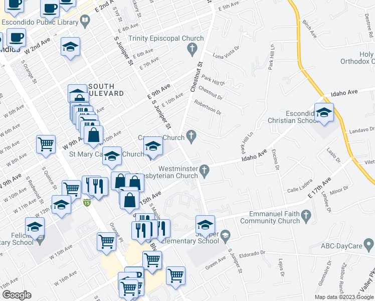 map of restaurants, bars, coffee shops, grocery stores, and more near 1314 South Juniper Street in Escondido