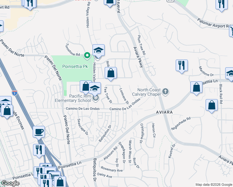 map of restaurants, bars, coffee shops, grocery stores, and more near 6716 Lonicera Street in Carlsbad