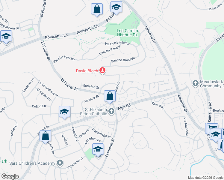 map of restaurants, bars, coffee shops, grocery stores, and more near 3018 Xana Way in Carlsbad