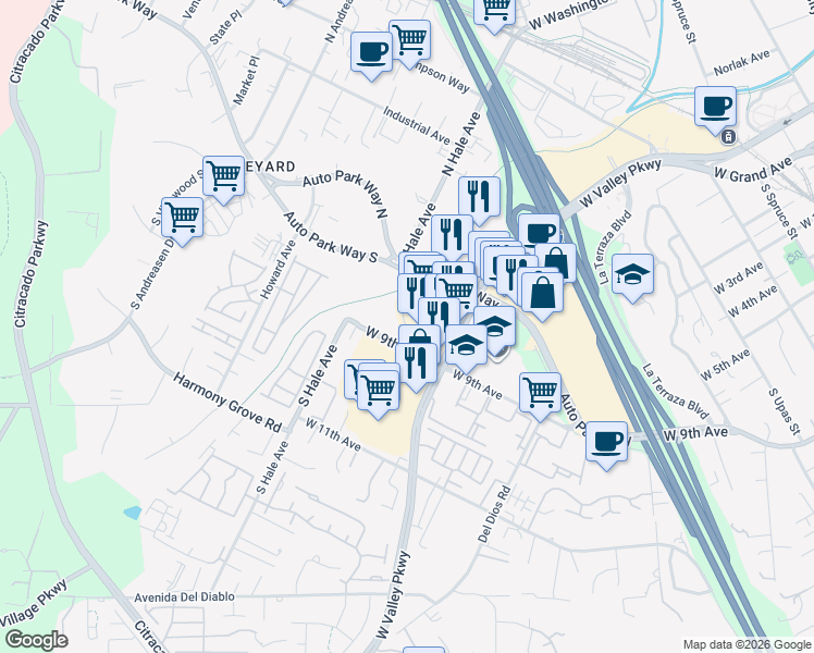 map of restaurants, bars, coffee shops, grocery stores, and more near Windsor Place in Escondido