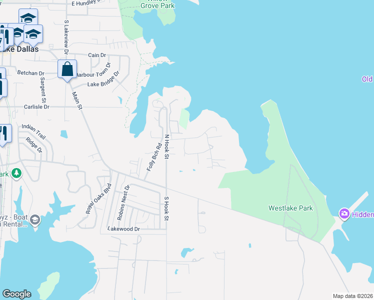 map of restaurants, bars, coffee shops, grocery stores, and more near 14 Lake Lane in Lake Dallas