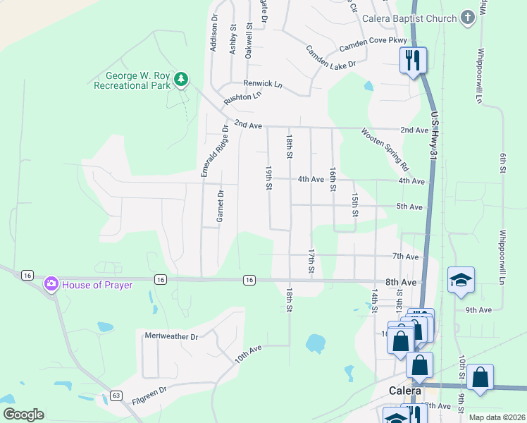 map of restaurants, bars, coffee shops, grocery stores, and more near 544 19th Street in Calera