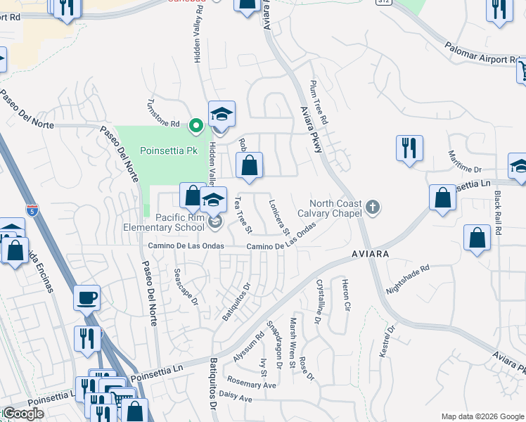 map of restaurants, bars, coffee shops, grocery stores, and more near 6716 Lonicera Street in Carlsbad