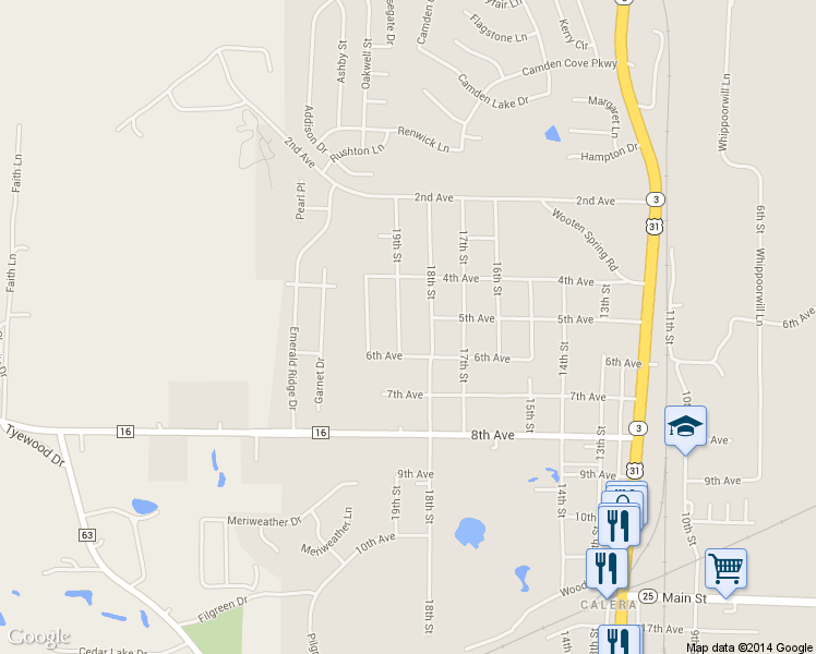 map of restaurants, bars, coffee shops, grocery stores, and more near 544 19th Street in Calera