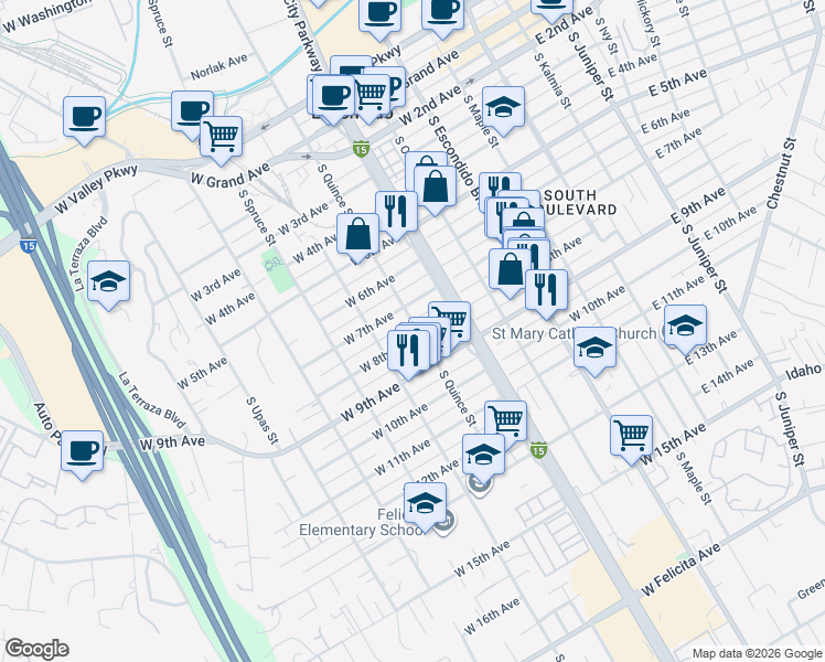 map of restaurants, bars, coffee shops, grocery stores, and more near 726 South Quince Street in Escondido