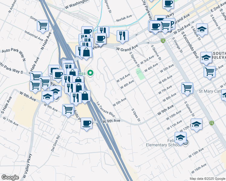 map of restaurants, bars, coffee shops, grocery stores, and more near 321 South Upas Street in Escondido