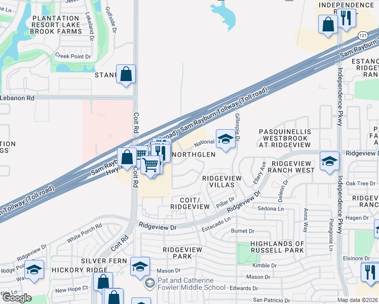 map of restaurants, bars, coffee shops, grocery stores, and more near 3620 Texas 121 in Plano