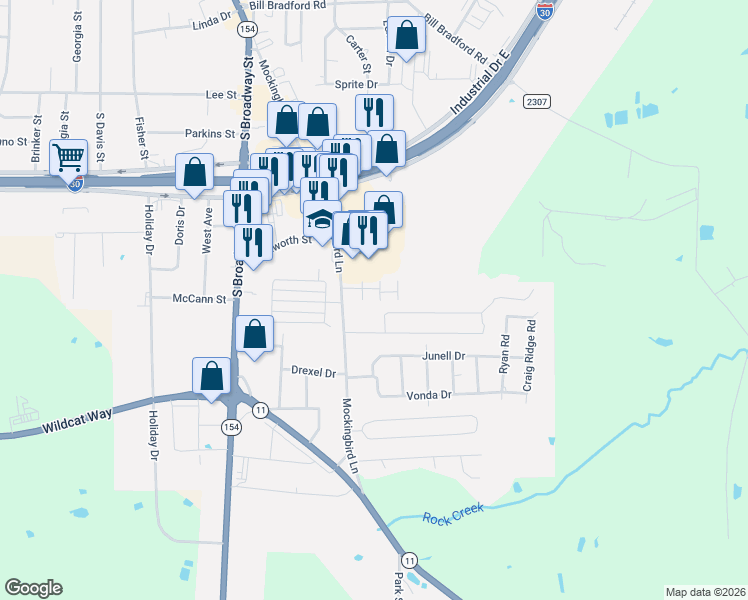 map of restaurants, bars, coffee shops, grocery stores, and more near 1419 Hickory Wood Street in Sulphur Springs