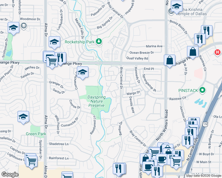 map of restaurants, bars, coffee shops, grocery stores, and more near 705 Bray Central Drive in Allen