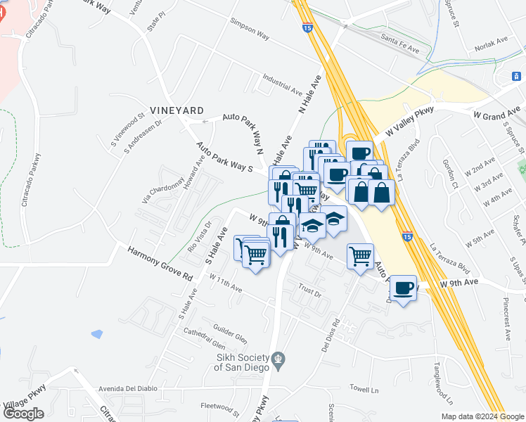 map of restaurants, bars, coffee shops, grocery stores, and more near 1600 West 9th Avenue in Escondido