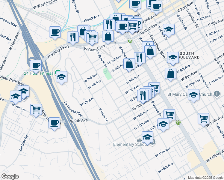 map of restaurants, bars, coffee shops, grocery stores, and more near 528 South Tulip Street in Escondido
