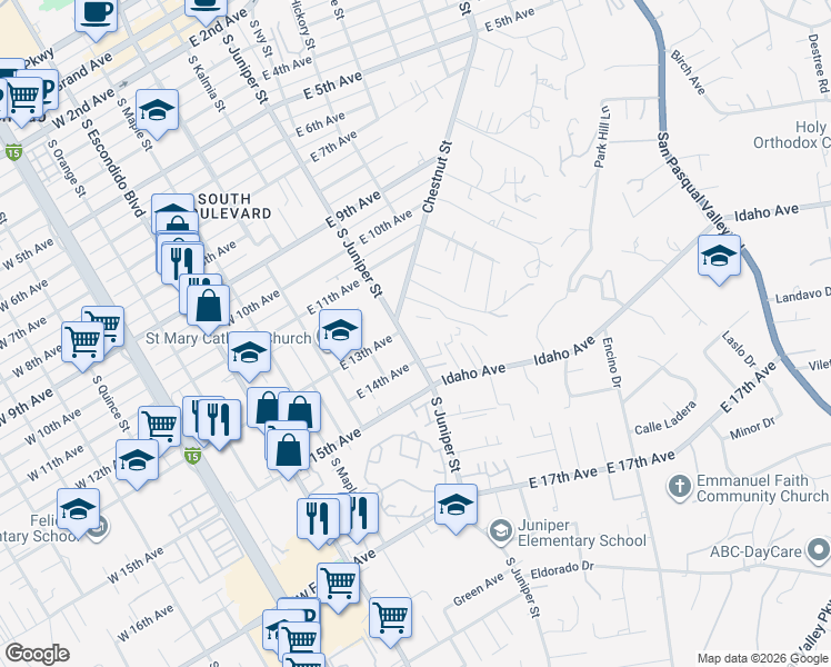 map of restaurants, bars, coffee shops, grocery stores, and more near 1300 South Juniper Street in Escondido