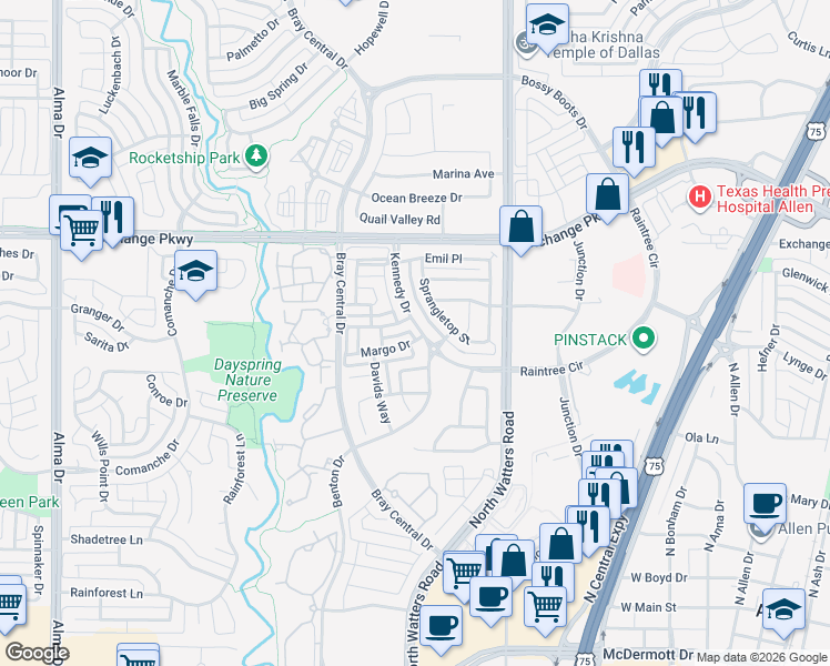 map of restaurants, bars, coffee shops, grocery stores, and more near 1032 Margo Drive in Allen