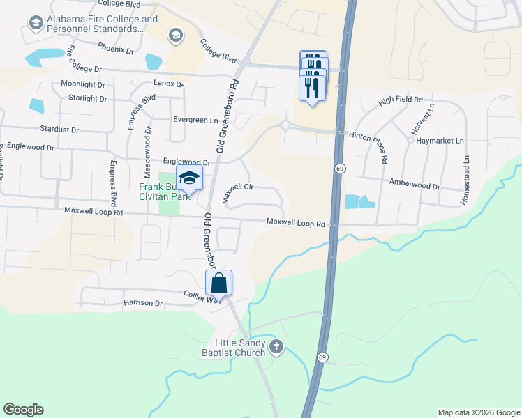 map of restaurants, bars, coffee shops, grocery stores, and more near 1463 Maxwell Circle in Tuscaloosa