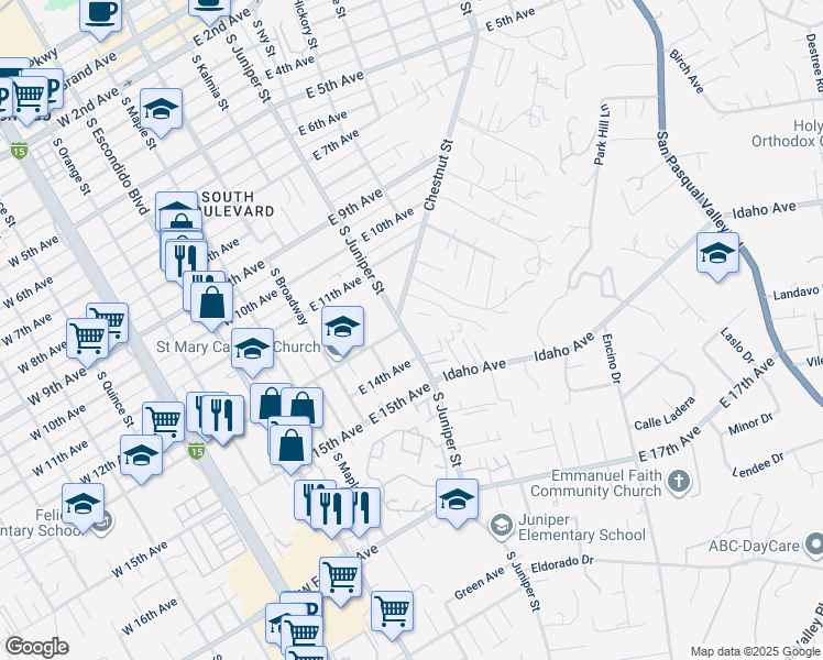 map of restaurants, bars, coffee shops, grocery stores, and more near 1304 South Juniper Street in Escondido