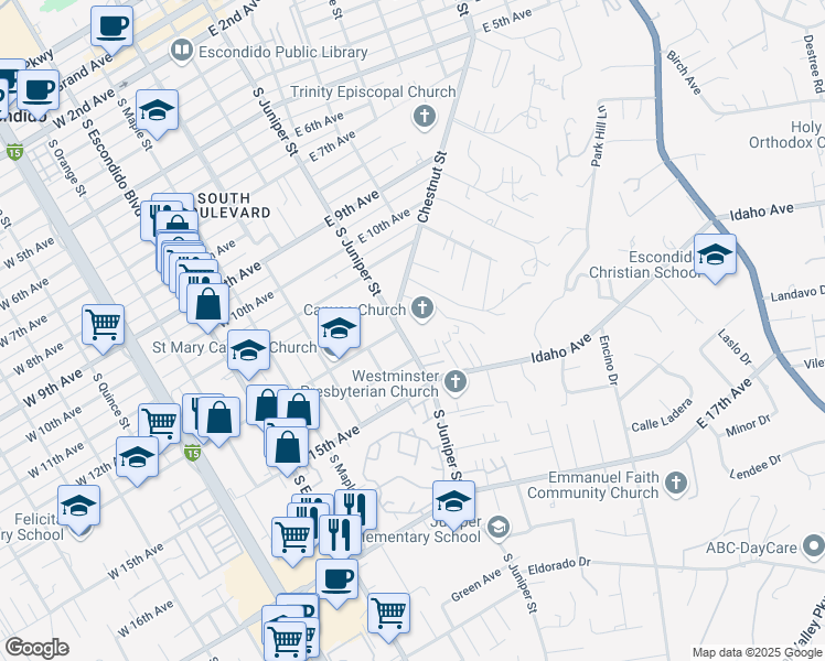 map of restaurants, bars, coffee shops, grocery stores, and more near 1300 South Juniper Street in Escondido