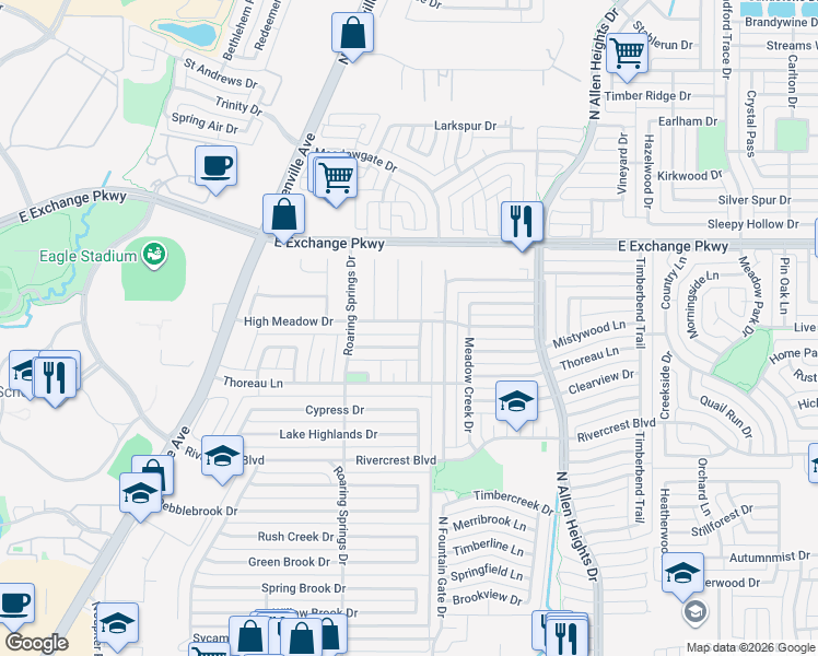 map of restaurants, bars, coffee shops, grocery stores, and more near 1007 High Meadow Drive in Allen