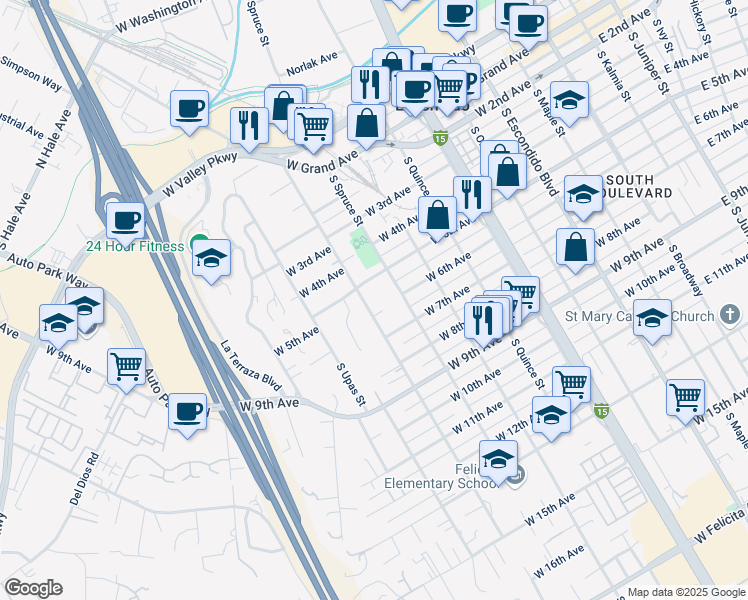 map of restaurants, bars, coffee shops, grocery stores, and more near 522 South Tulip Street in Escondido