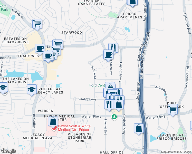 map of restaurants, bars, coffee shops, grocery stores, and more near County Road 2 in Frisco