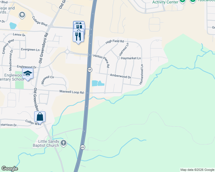 map of restaurants, bars, coffee shops, grocery stores, and more near 701-765 Hinton Place Road in Tuscaloosa