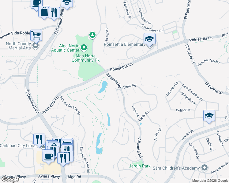 map of restaurants, bars, coffee shops, grocery stores, and more near 6767 Malachite Place in Carlsbad