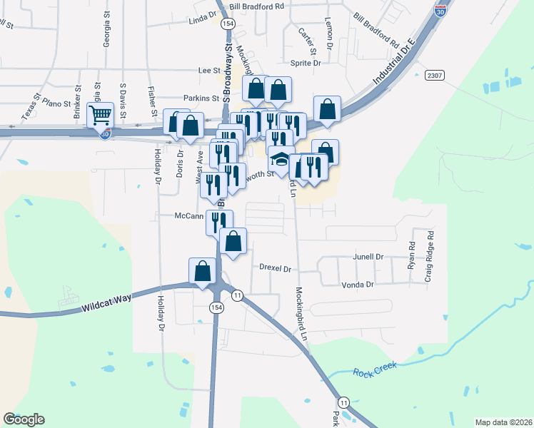 map of restaurants, bars, coffee shops, grocery stores, and more near 121 Hollie Circle in Sulphur Springs