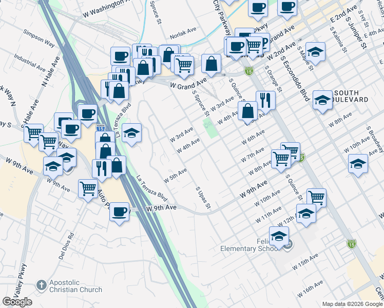 map of restaurants, bars, coffee shops, grocery stores, and more near 952 West 5th Avenue in Escondido