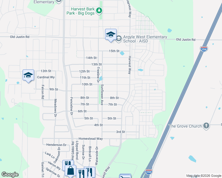 map of restaurants, bars, coffee shops, grocery stores, and more near 1216 9th Street in Argyle