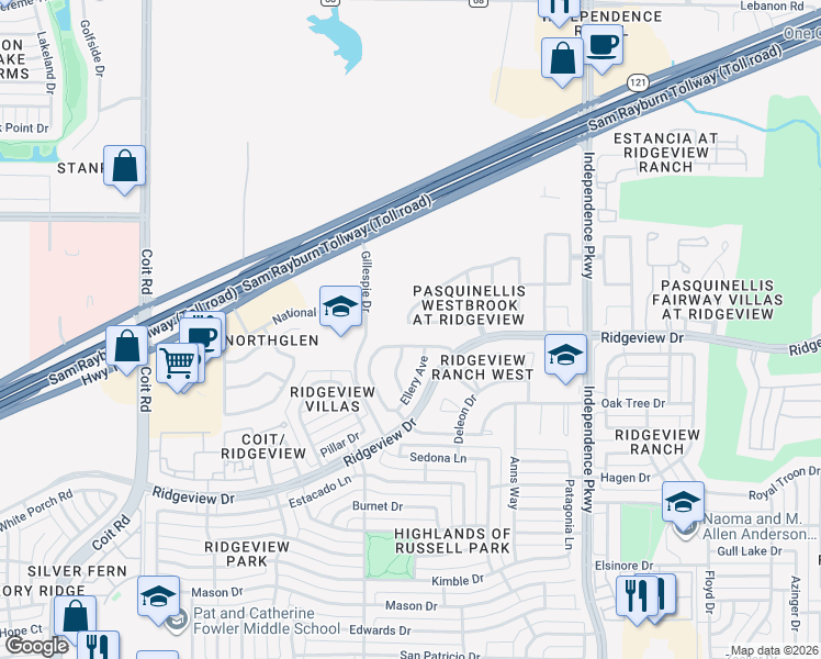 map of restaurants, bars, coffee shops, grocery stores, and more near 3284 Tarrant Lane in Plano