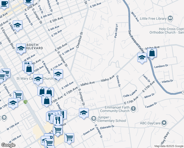 map of restaurants, bars, coffee shops, grocery stores, and more near 460 Chestnut Lane in Escondido