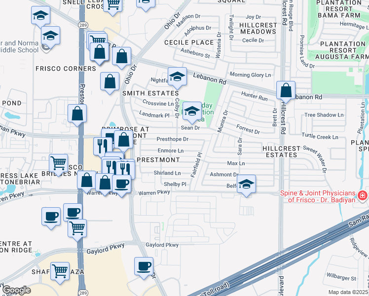 map of restaurants, bars, coffee shops, grocery stores, and more near 9800 Enmore Lane in Frisco