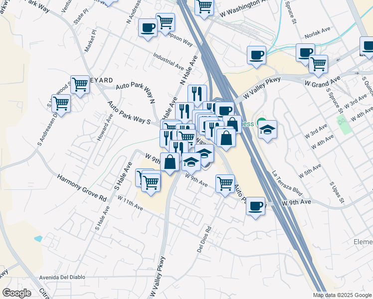 map of restaurants, bars, coffee shops, grocery stores, and more near 1348 West Valley Parkway in Escondido