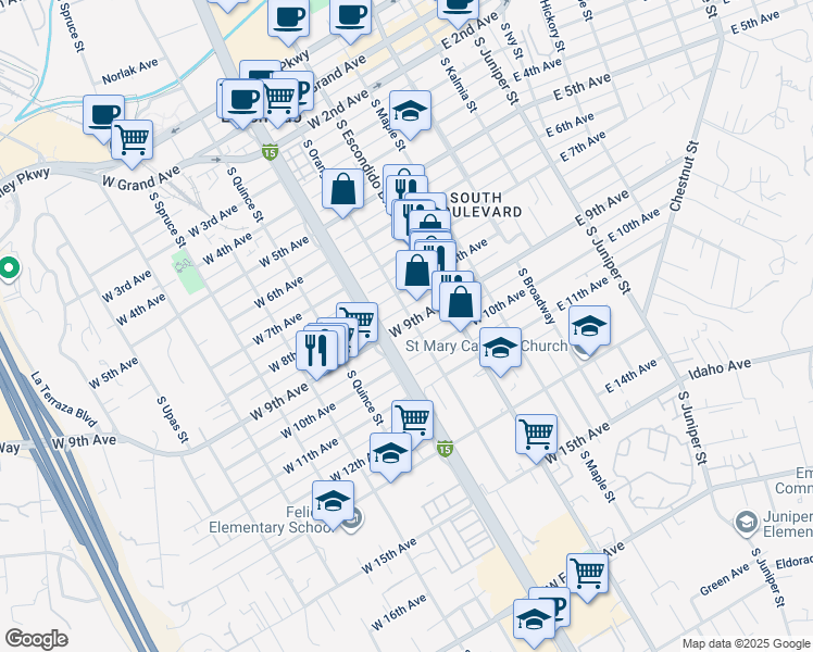 map of restaurants, bars, coffee shops, grocery stores, and more near 412 West 9th Avenue in Escondido