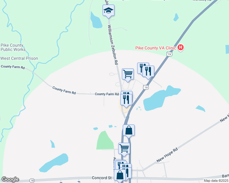 map of restaurants, bars, coffee shops, grocery stores, and more near 281 Williamson Zebulon Road in Williamson