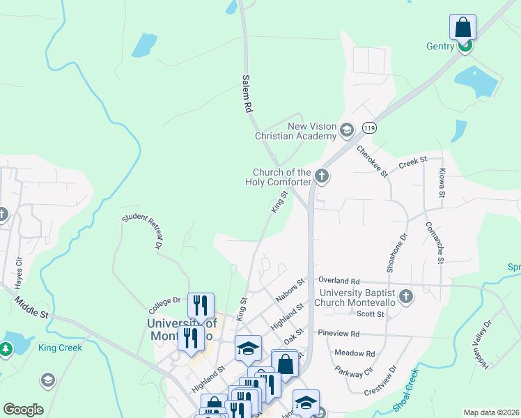 map of restaurants, bars, coffee shops, grocery stores, and more near 1451 King Street in Montevallo