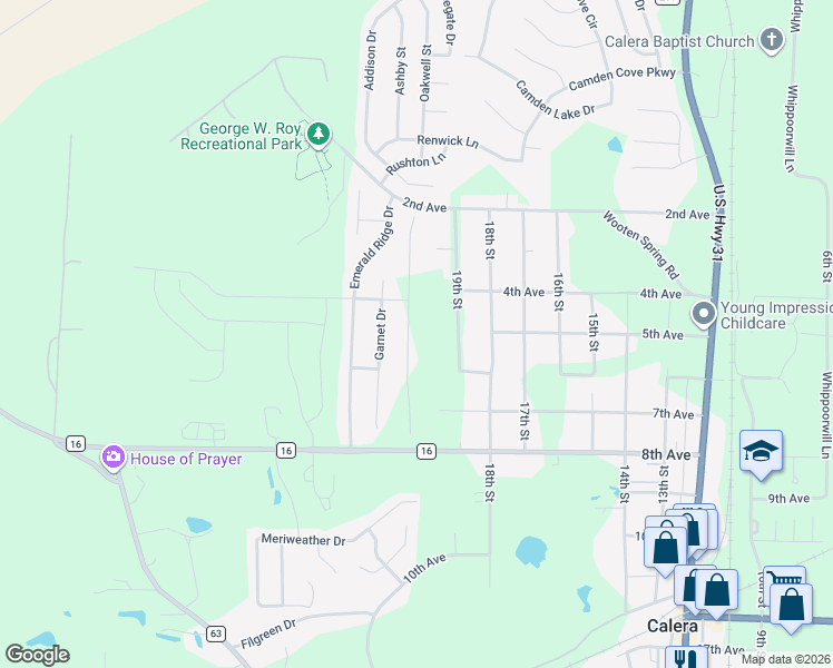 map of restaurants, bars, coffee shops, grocery stores, and more near 317 West Milgray in Calera