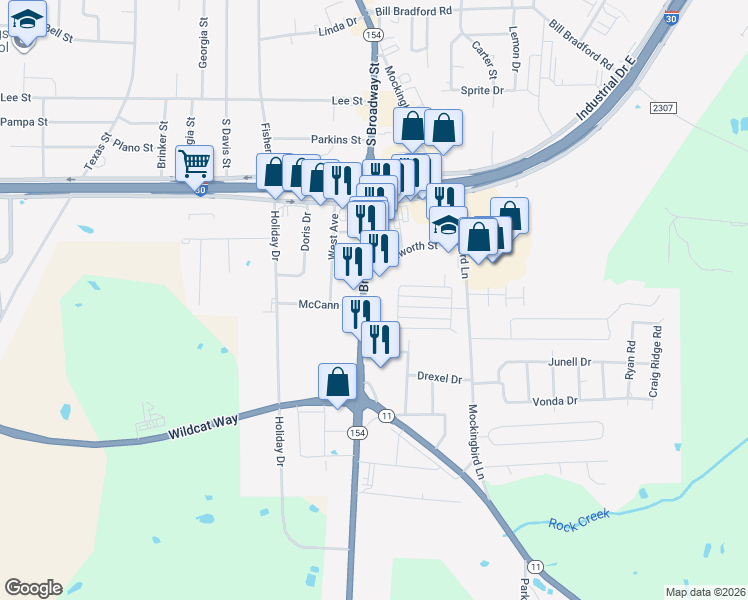 map of restaurants, bars, coffee shops, grocery stores, and more near 1420 South Broadway Street in Sulphur Springs