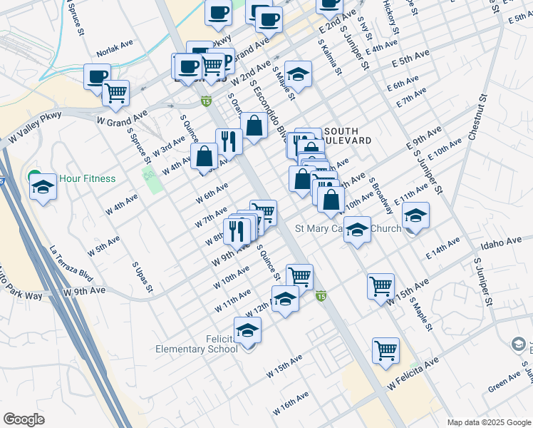 map of restaurants, bars, coffee shops, grocery stores, and more near 503 West 8th Avenue in Escondido