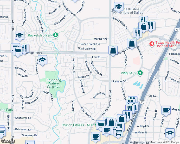 map of restaurants, bars, coffee shops, grocery stores, and more near 961 Kennedy Drive in Allen