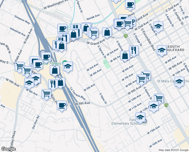 map of restaurants, bars, coffee shops, grocery stores, and more near 975 West 4th Avenue in Escondido