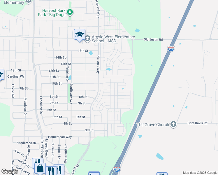 map of restaurants, bars, coffee shops, grocery stores, and more near 933 Parkside Drive in Argyle