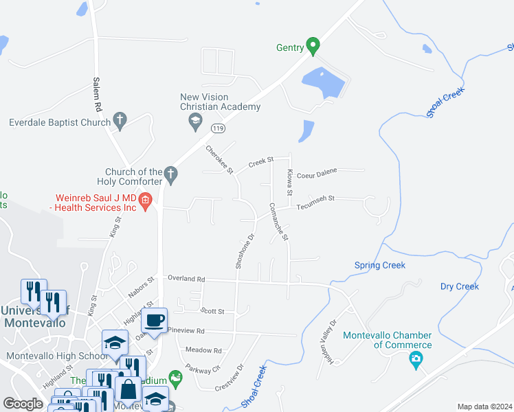 map of restaurants, bars, coffee shops, grocery stores, and more near 560 Shoshone Drive in Montevallo