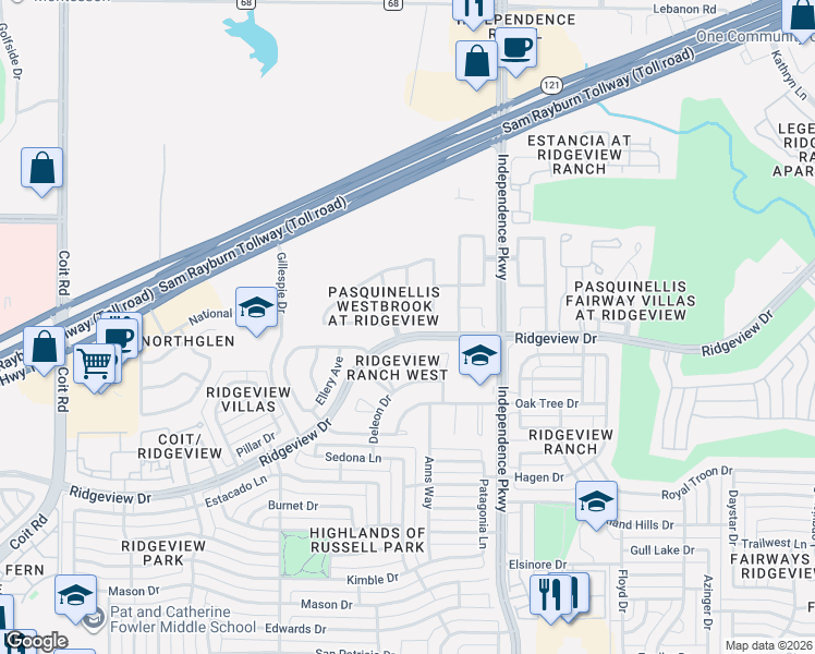 map of restaurants, bars, coffee shops, grocery stores, and more near 3140 Tarrant Lane in Plano