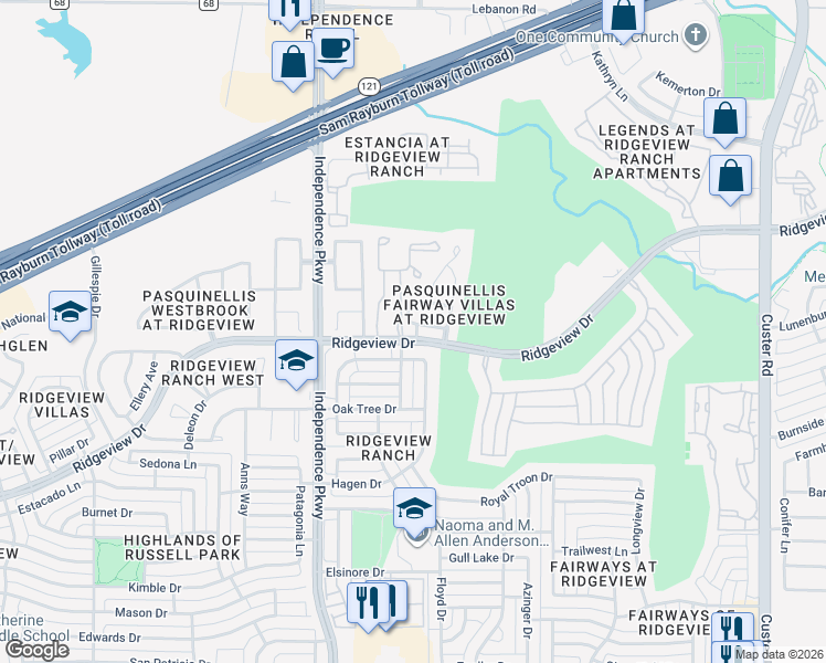 map of restaurants, bars, coffee shops, grocery stores, and more near 2832 Fordham Road in Plano