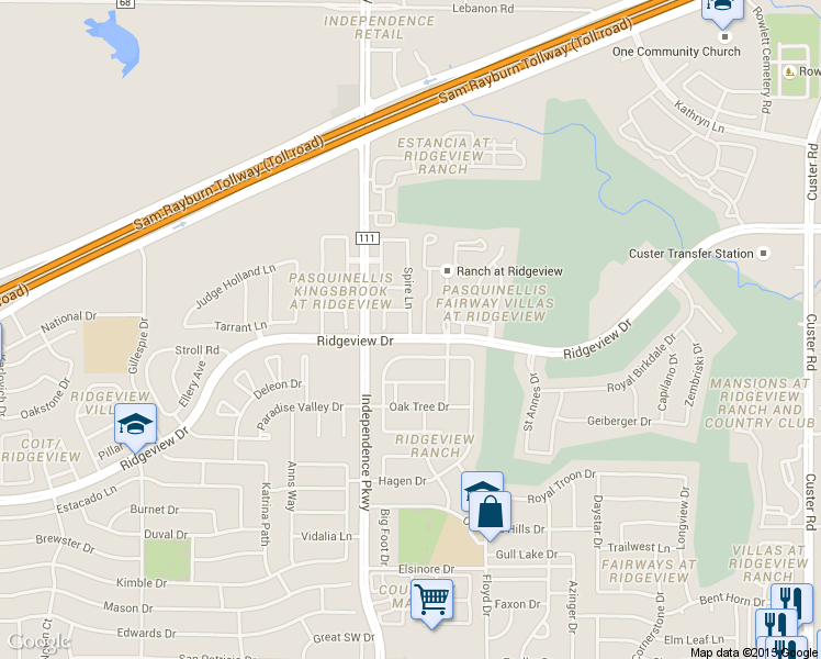map of restaurants, bars, coffee shops, grocery stores, and more near 9844 Spire Lane in Plano